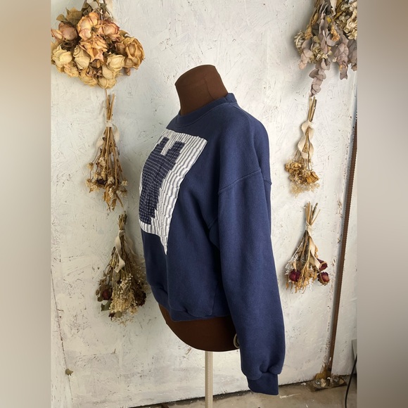 Vintage Quilted Patchwork Cottagecore Grandma Heart Blue Sweater Large - Picture 3 of 5